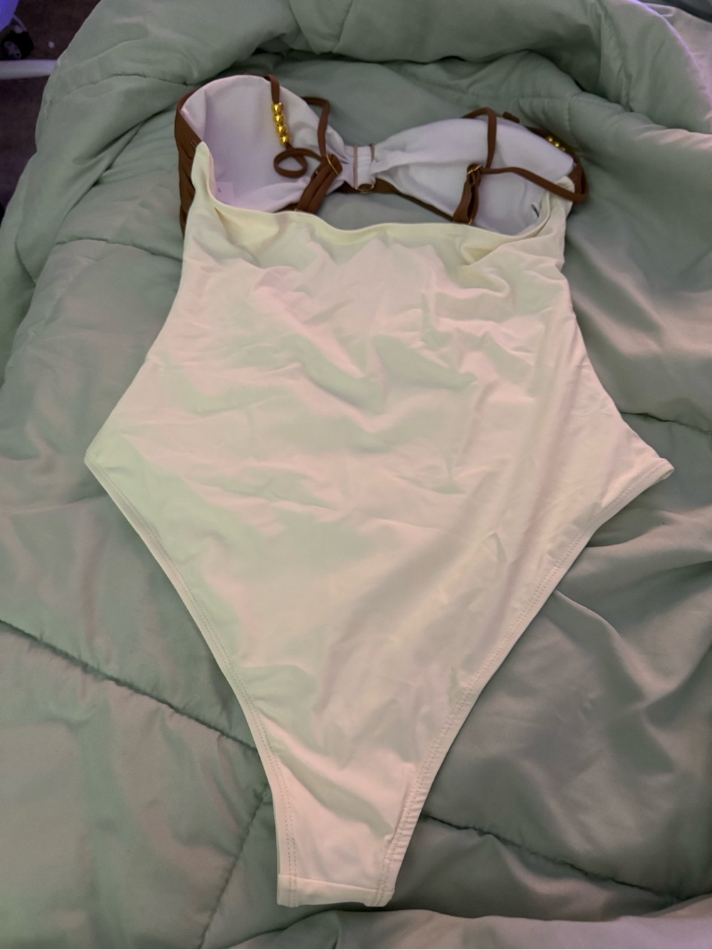 Ruched Colorblock One-Piece Swimsuit in Brown, Tan and White - Picture 2 of 5
